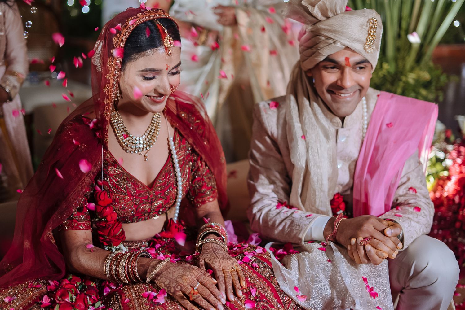 Indian wedding ceremony of flower shower after feras at their intimate wedding of 30 guests in the hills at Daleside Manor, Kasauli