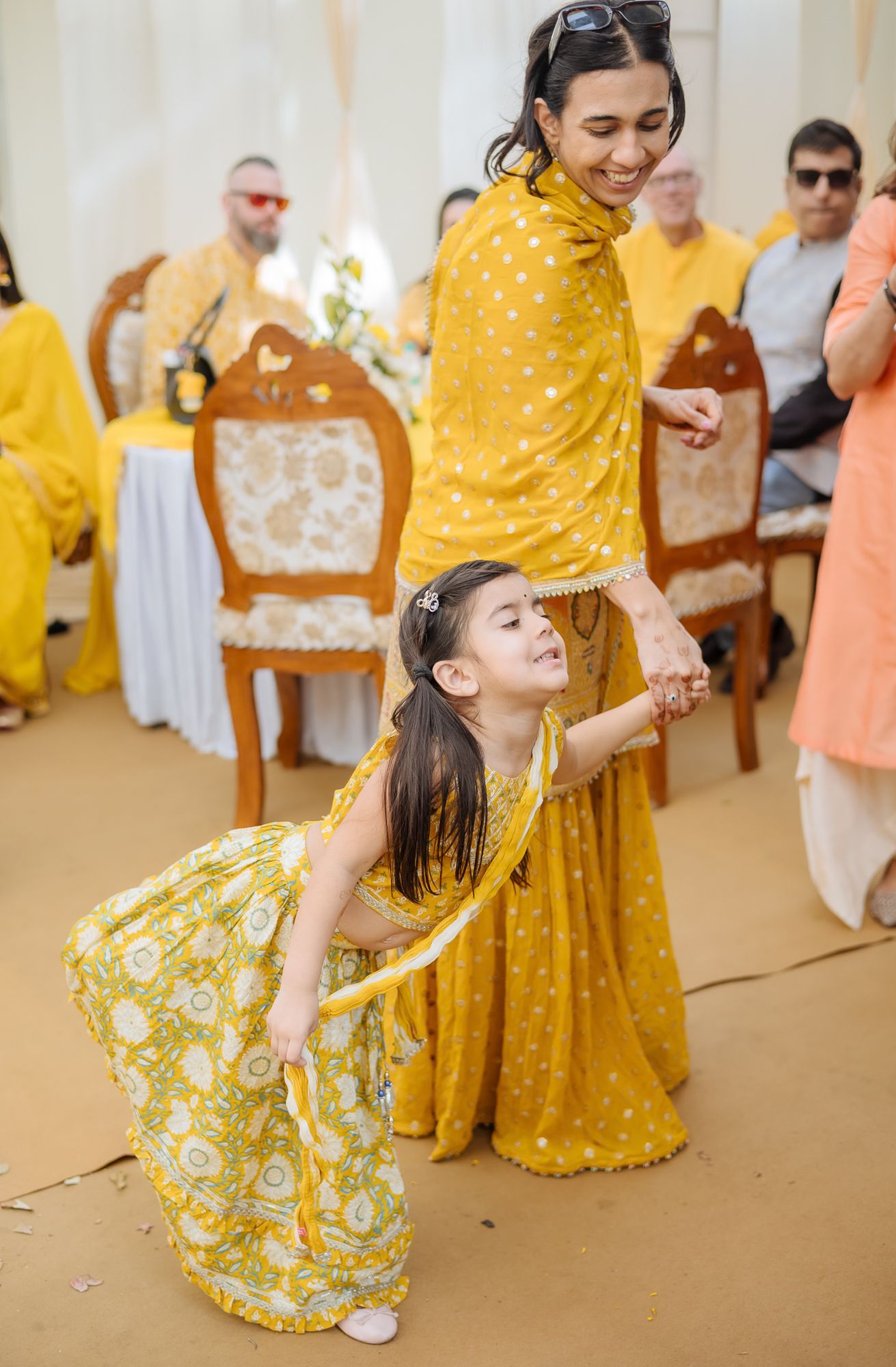 friends and family arriving for the Haldi celebration  for an Indo-Norwegian wedding of Mats and Itisha in Chandigarh