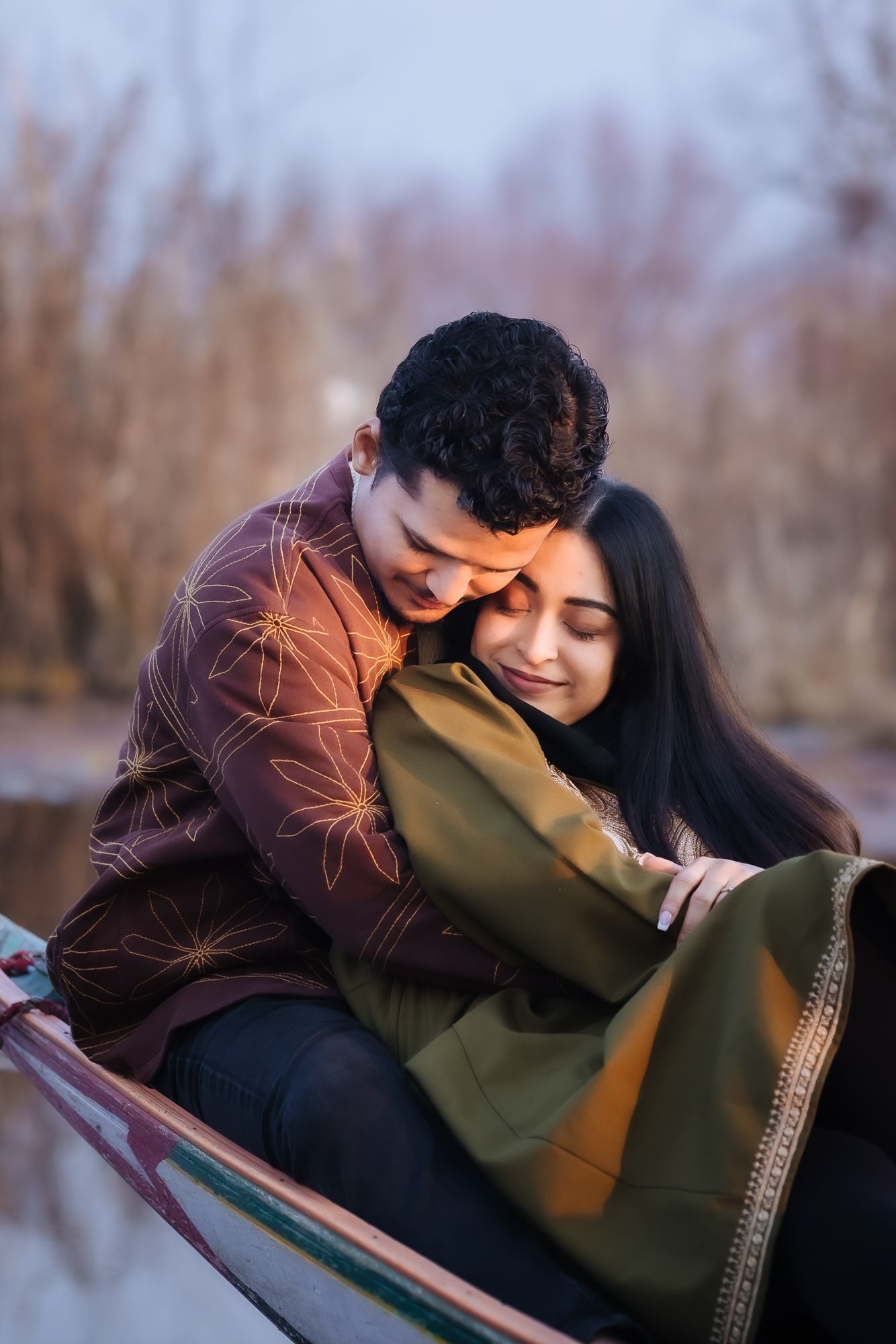 Romantic fine-art and heartfelt pre-wedding portraits in the scenic valleys of Srinagar's Dal Lake.