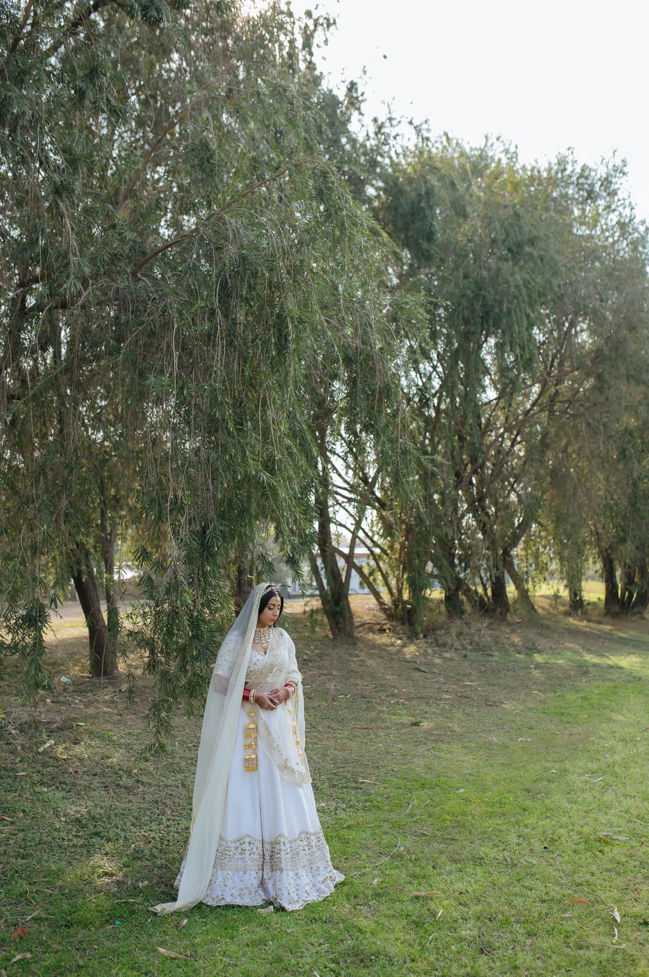 Elegant bridal portrait of Bride Itisha in an ivory lehenga for an intimate Indo-Norwegian wedding in Forest Hill, Chandigarh