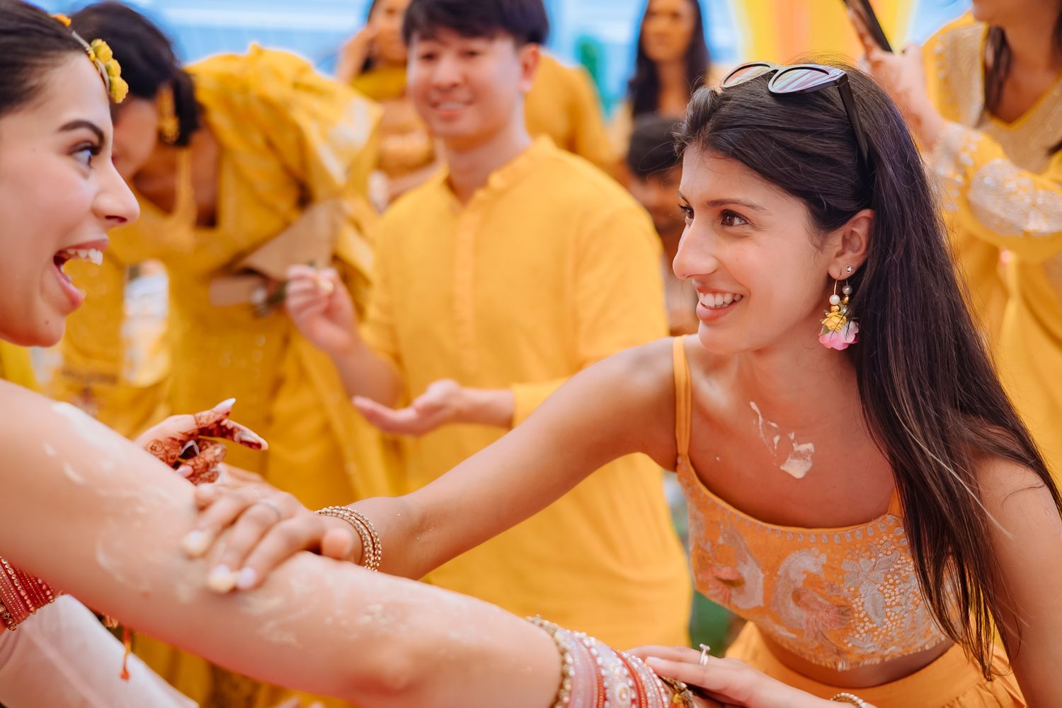 Bride and groom receiving blessings from guests during their Haldi ceremony at Tivoli Chattarpur