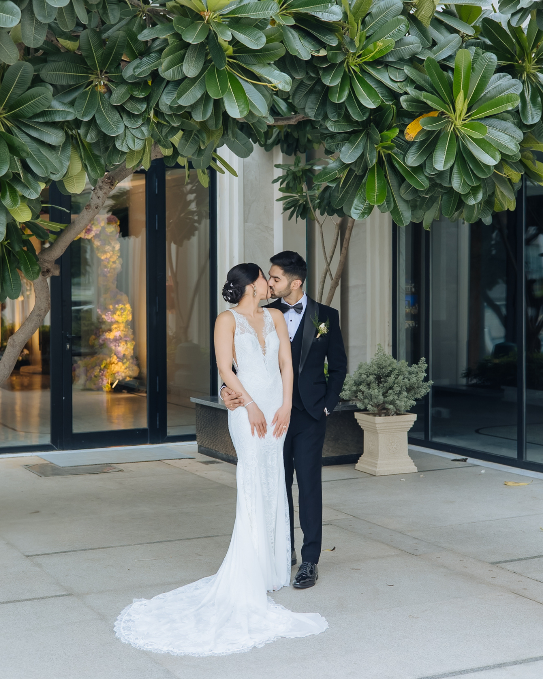 Newlyweds Shorye and Leah sharing an intimate moment on their wedding day at Tivoli Chattarpur
