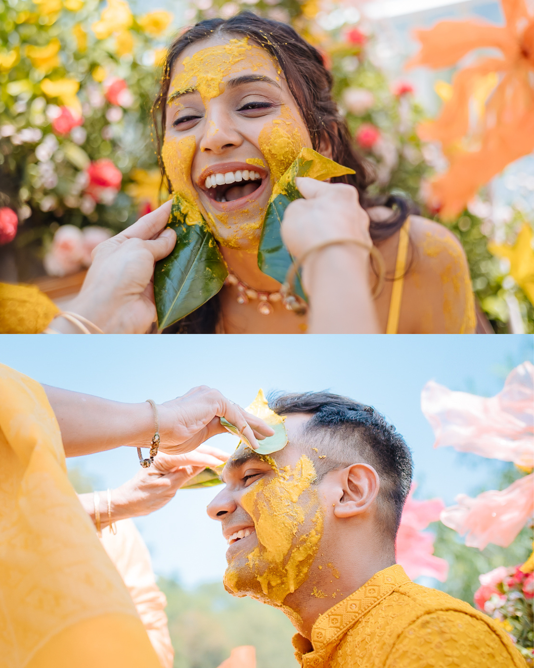 Colorful Haldi ceremony pictures of bride and groom smeared in haldi. Fine-art and candid wedding storytelling by Beginnings For You.