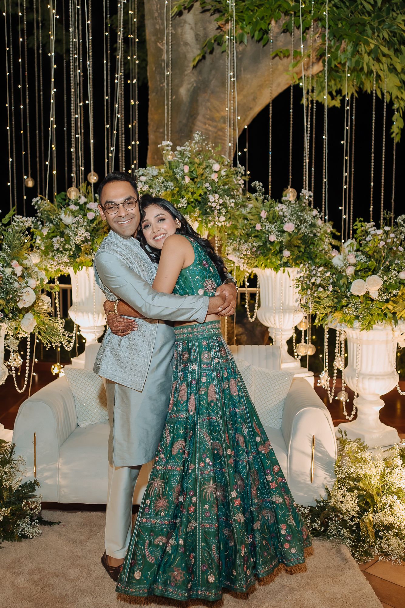 Sangeet night under fairy lights at Daleside Manor boutique hotel for Apoorva and Indrajeet's intimate engagement.