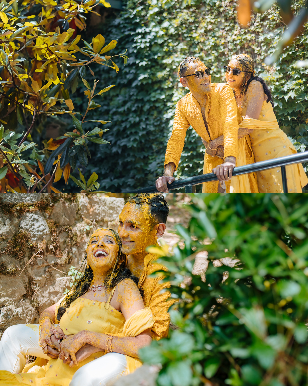 Colorful and candid Haldi couple portraits captured by Fine-art and candid Indian wedding photography and films team Beginnings For You.