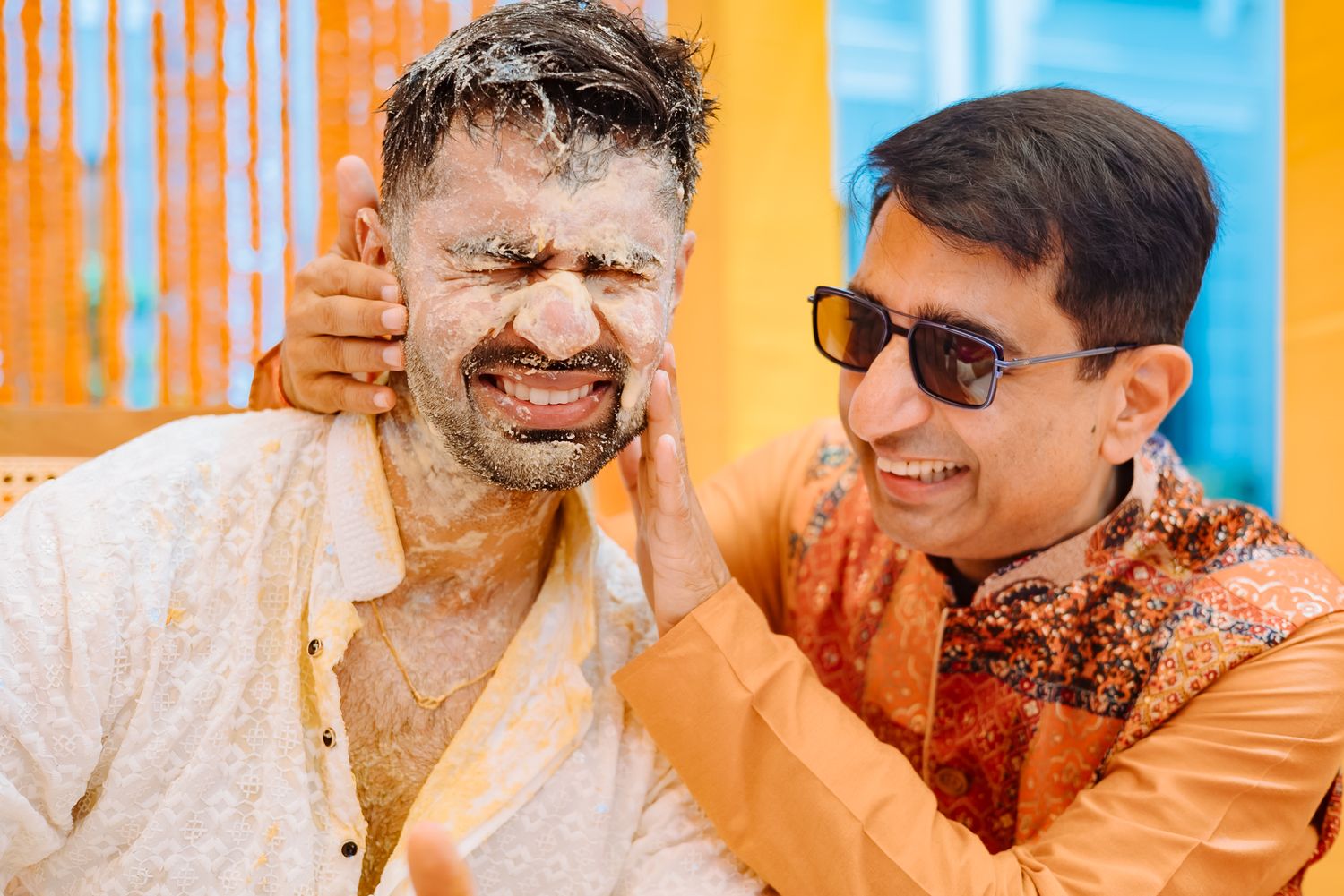 Bride and groom receiving blessings from guests during their Haldi ceremony at Tivoli Chattarpur