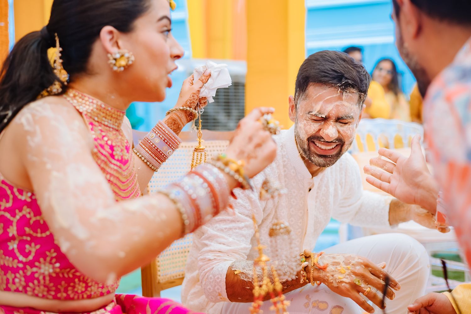 Shorye and Leah sharing intimate moments with loved ones during their Haldi at Tivoli Chattarpur