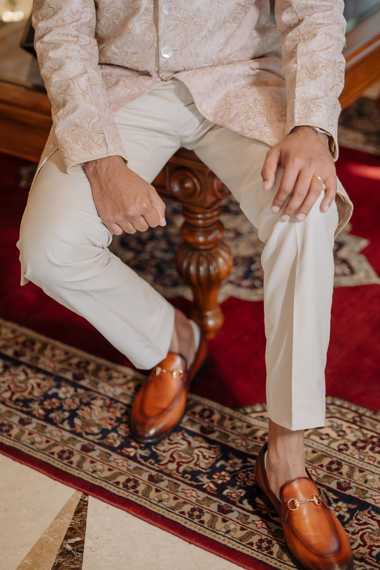 Indian groom in off-white sherwani with fine-art portraits for an intimate wedding of 30 people in the hills at Daleside Manor, Kasauli
