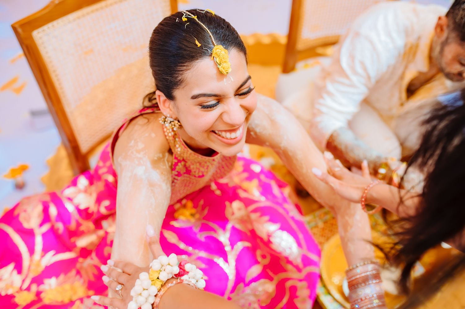 Candid moments of laughter and celebration at Shorye and Leah’s Haldi at Tivoli Chattarpur