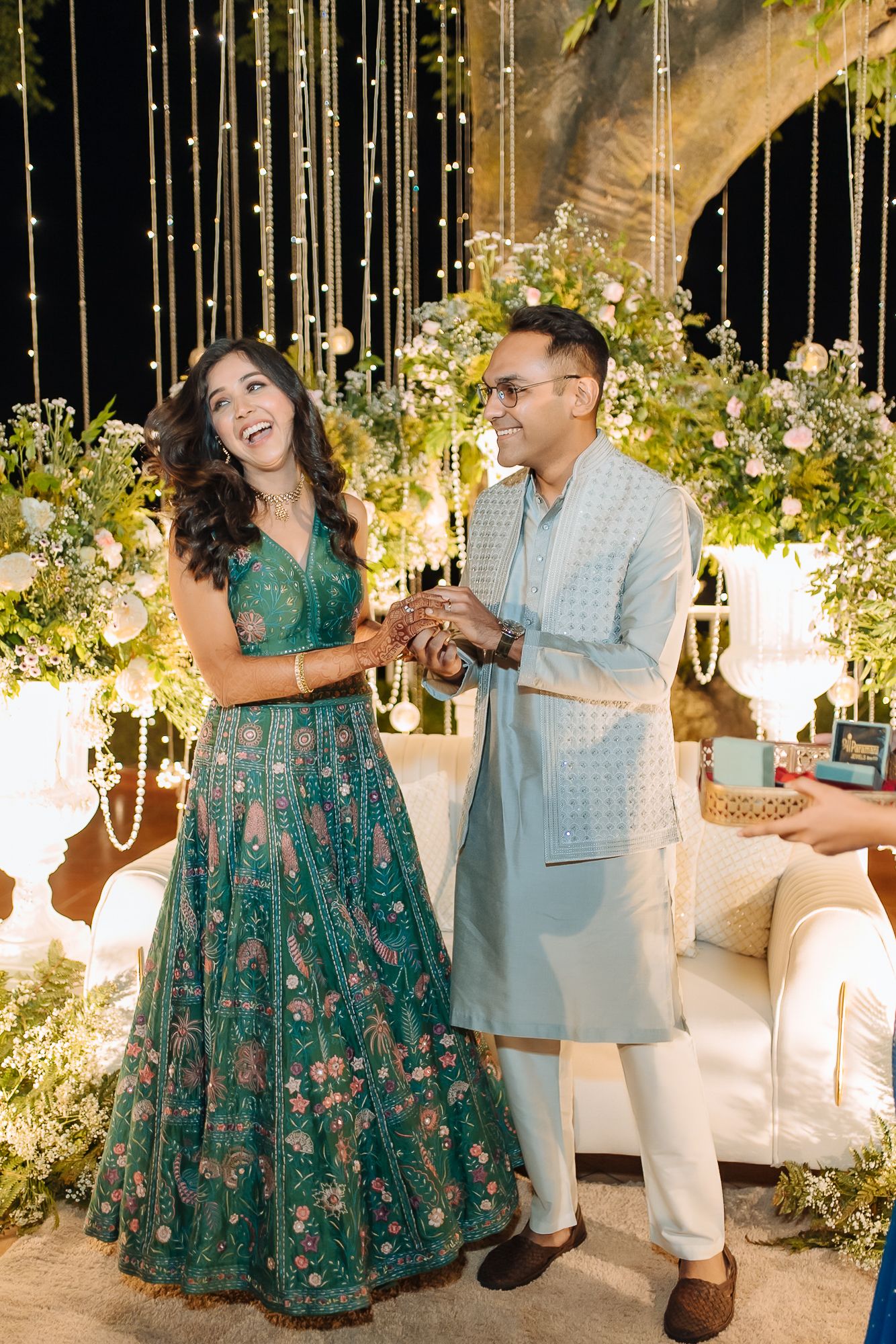 Starry night decor for Apoorva and Indrajeet's intimate engagement in the Himalayas at Daleside Manor, Kasauli, India.