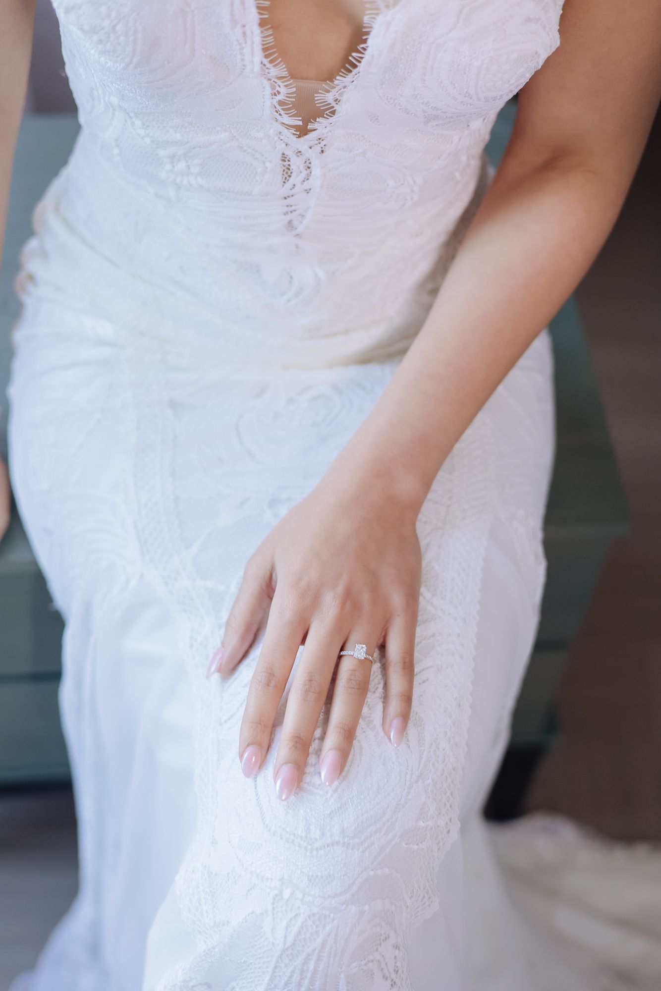 Bride Leah dressed in white for her intimate Christian wedding at Tivoli Chattarpur.