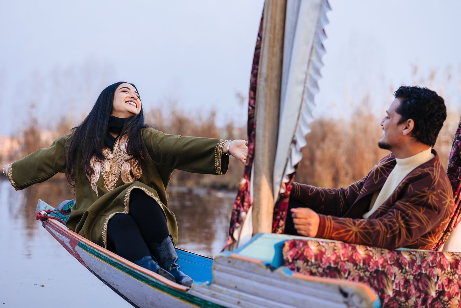 Romantic fine-art and heartfelt pre-wedding portraits in the scenic valleys of Srinagar's Dal Lake.