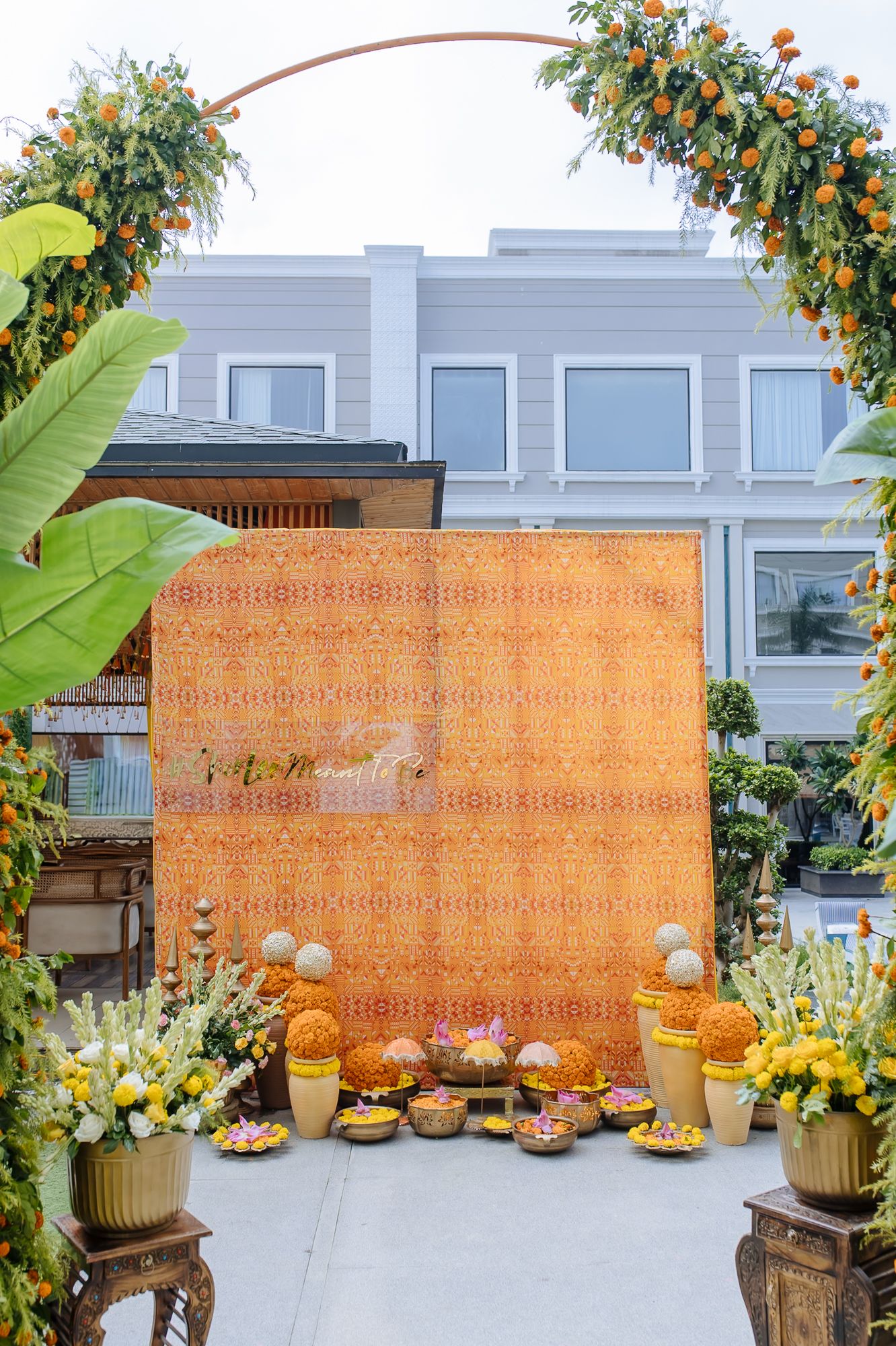 Fresh marigold Haldi decor in vibrant orange and yellow at Tivoli Chattarpur.