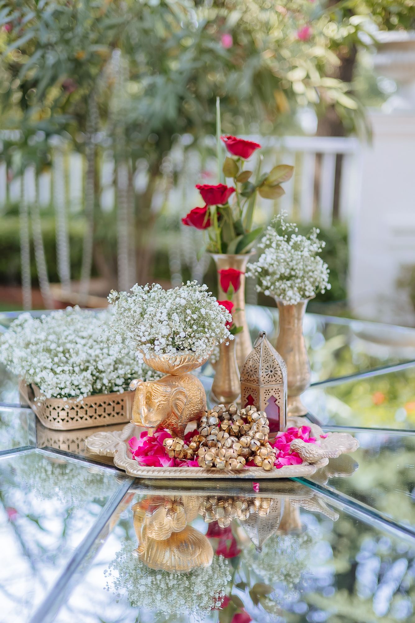 Wedding day table decor with baby breath and roses for an intimate wedding of 30 people in the Himalayas at Daleside Manor, Kasauli.
