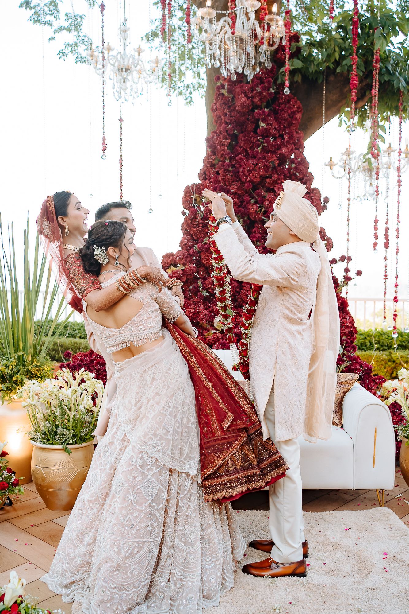 Bride and groom at Varmala at an intimate wedding of 30 guests in the Himalayas at Daleside Manor, Kasauli