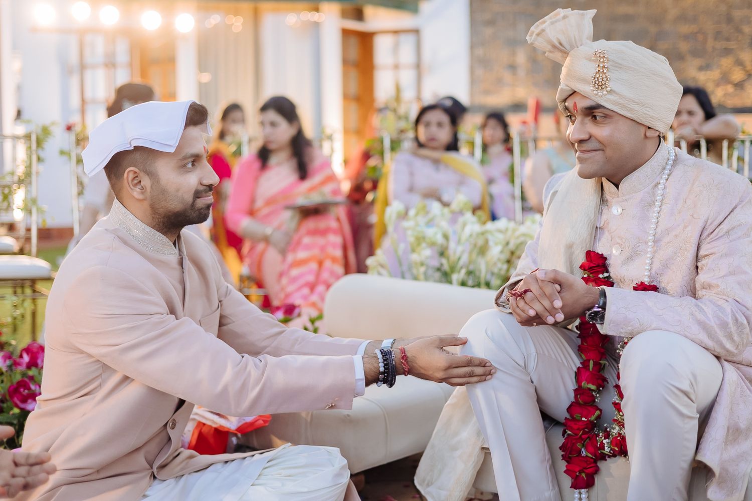 Emotional candid shot of couple exchanging vows at their intimate wedding of 30 guests in the hills at Daleside Manor, Kasauli