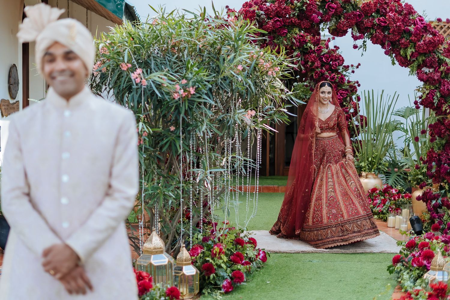 Hearty and honest first look of a bride and groom at their intimate wedding of 30 people in the hills at Daleside Manor, Kasauli