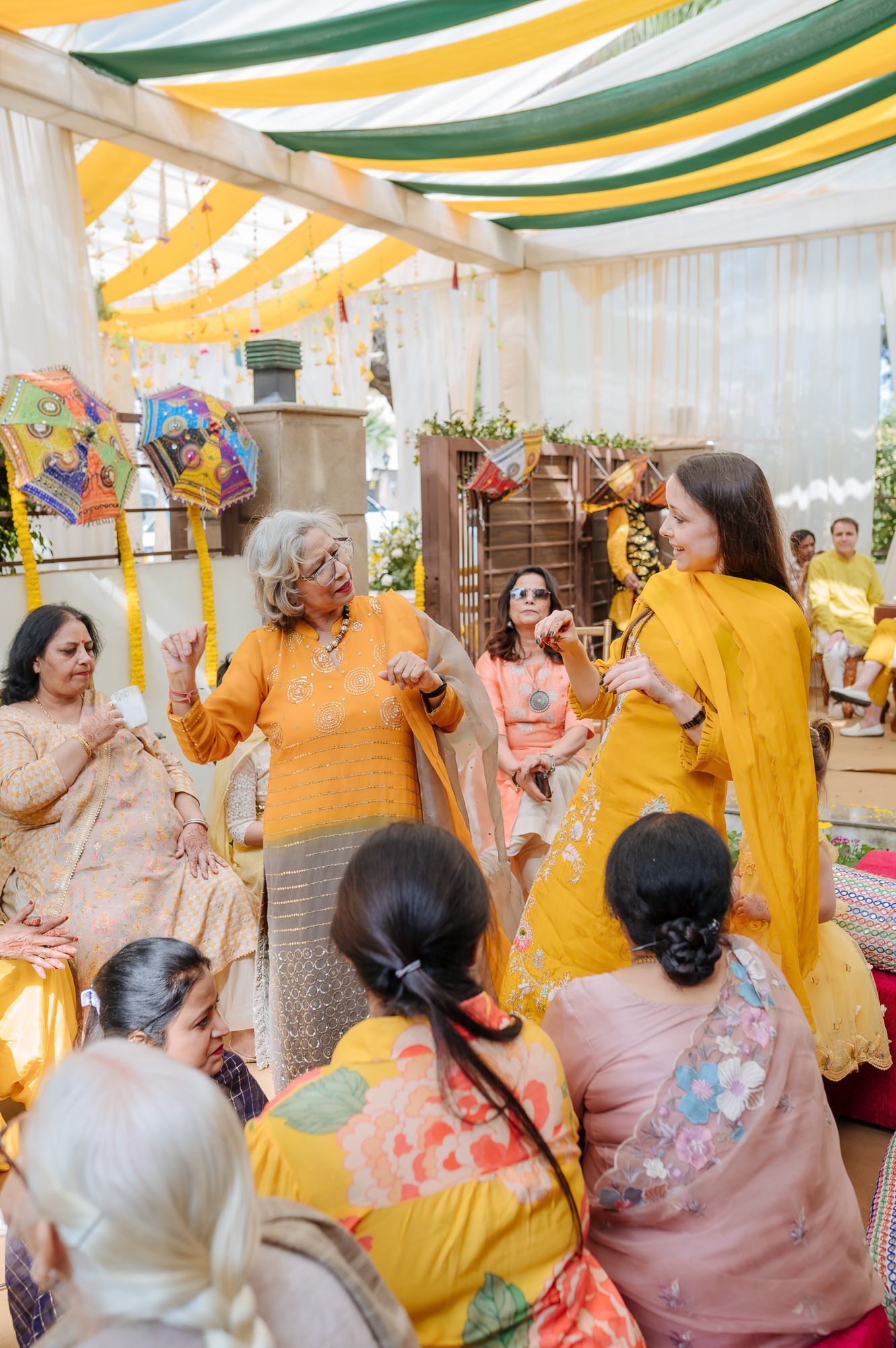 friends and family arriving for the Haldi celebration  for an Indo-Norwegian wedding of Mats and Itisha in Chandigarh