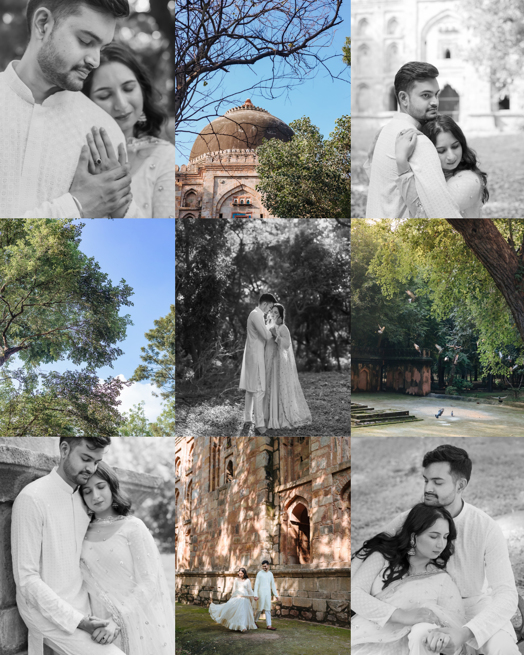 Romantic editorial pre-wedding photography moodboard with couple framed by ancient arches in Delhi by Beginnings For You.