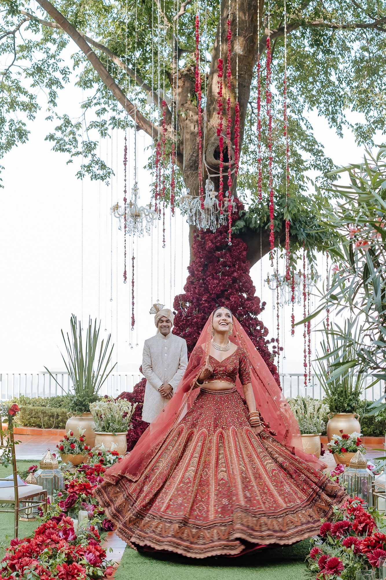 Hearty and honest first look of a bride and groom at their intimate wedding of 30 people in the hills at Daleside Manor, Kasauli