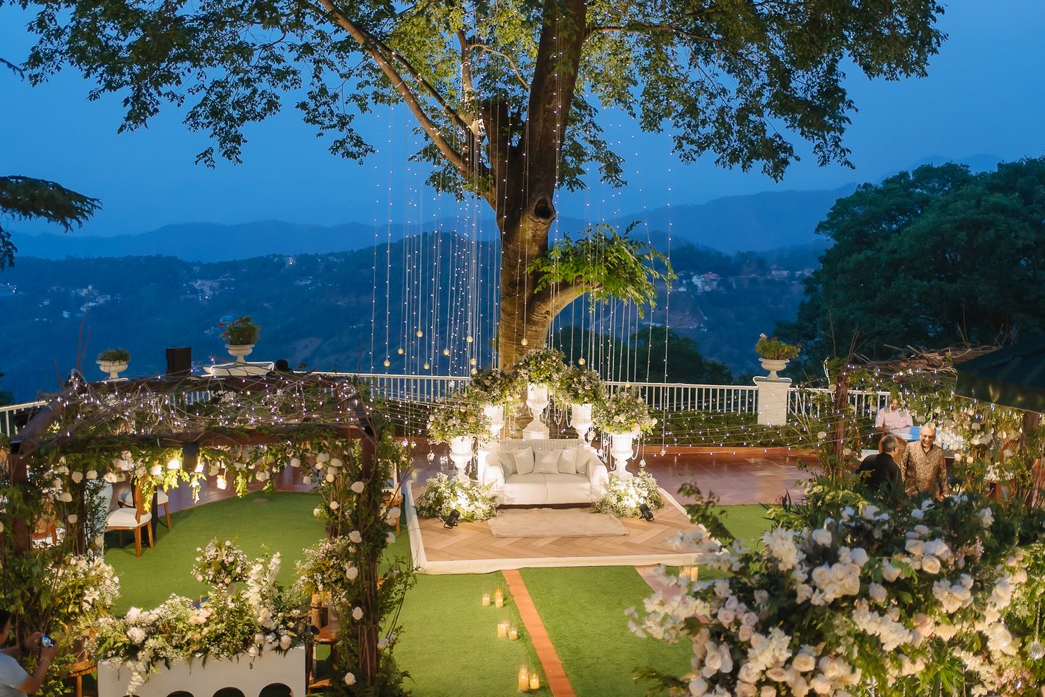 Starry night decor for Apoorva and Indrajeet's intimate engagement in the Himalayas at Daleside Manor, Kasauli, India.