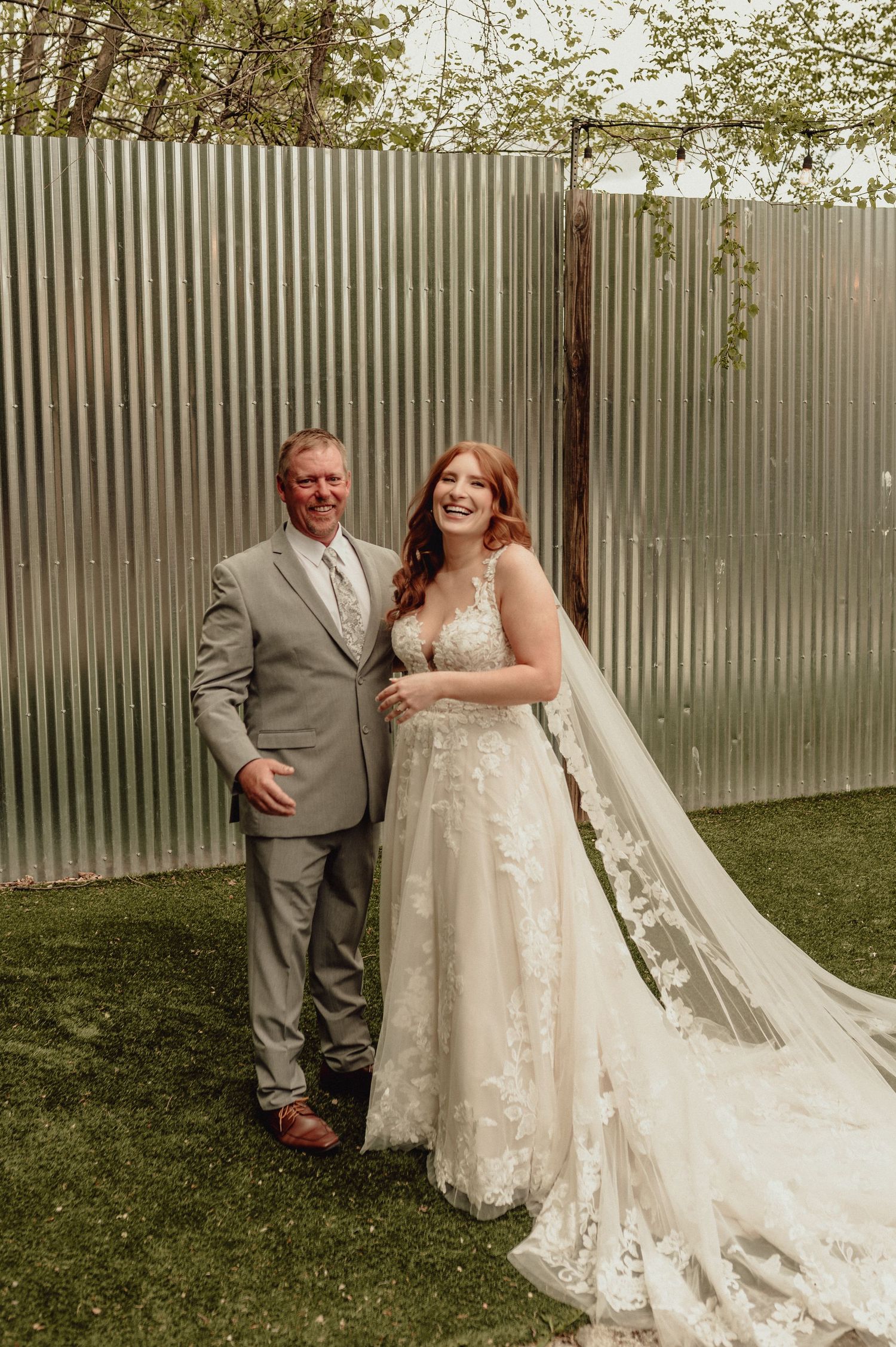 A sequence of wedding photos showing a couple in formal attire posing together against a corrugated metal fence outdoors.