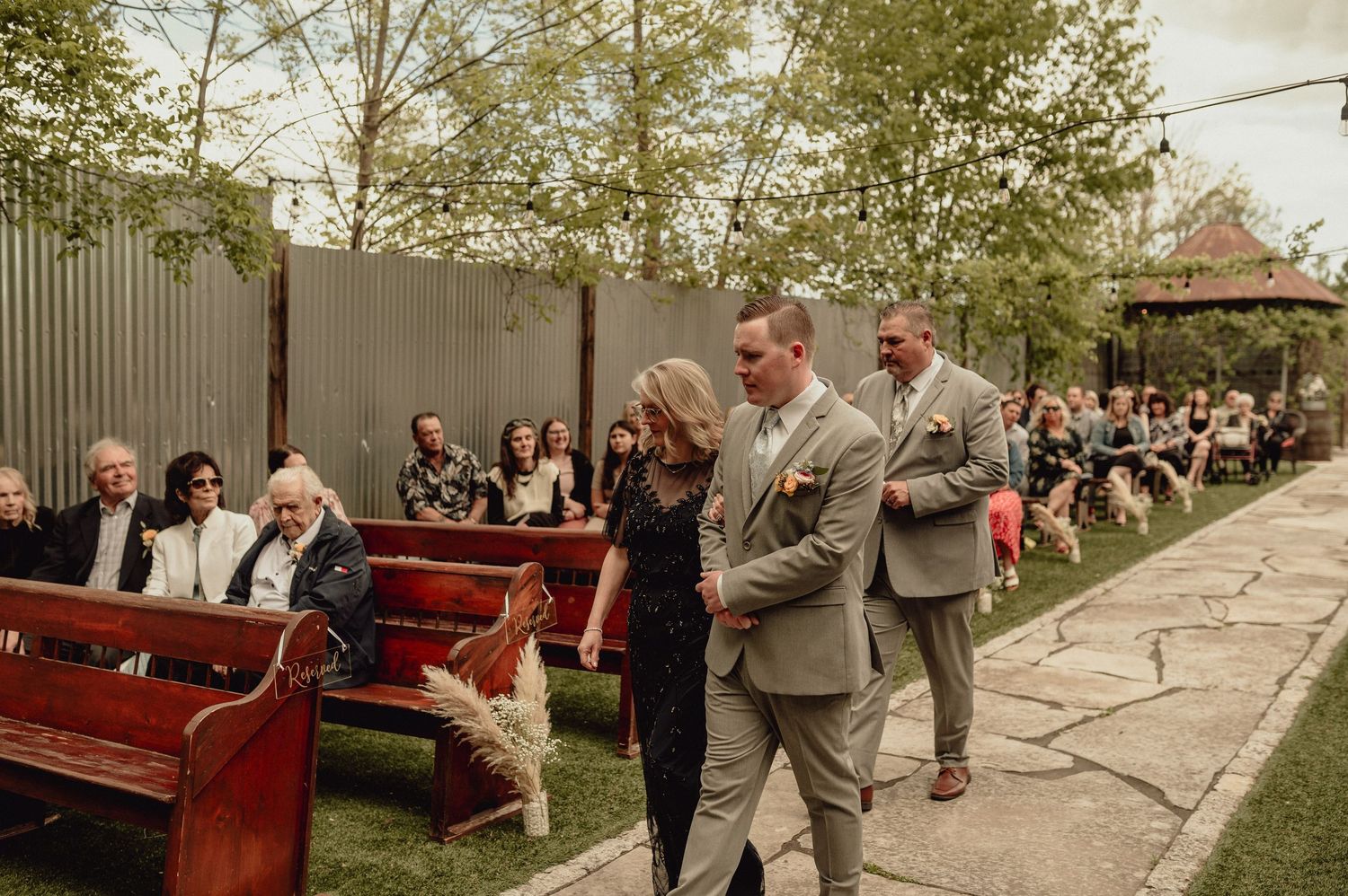 A collage of wedding photos showing outdoor celebrations with a vintage red car and guests enjoying festivities.