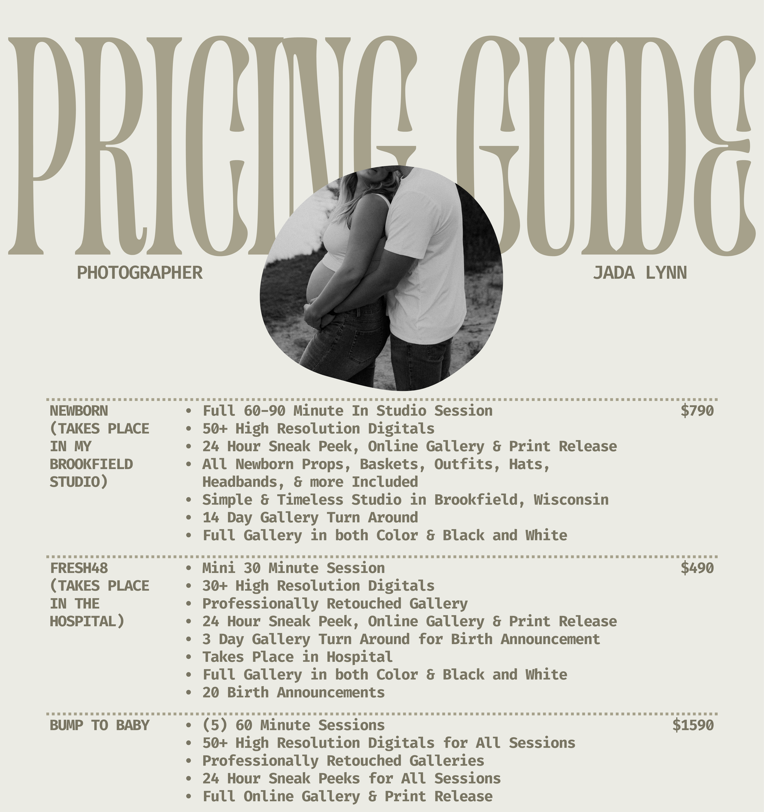 A vintage wedding photography price list displays packages and session details in a minimalist black and white design.