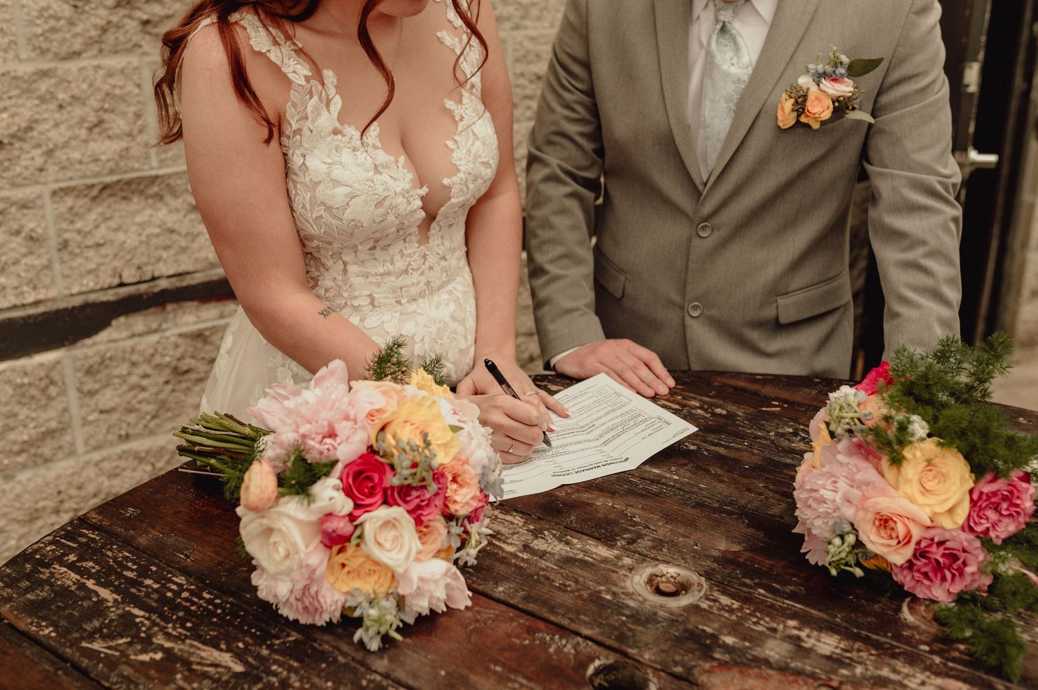 A series of wedding photos showing floral bouquets and formal attire details at an outdoor ceremony.