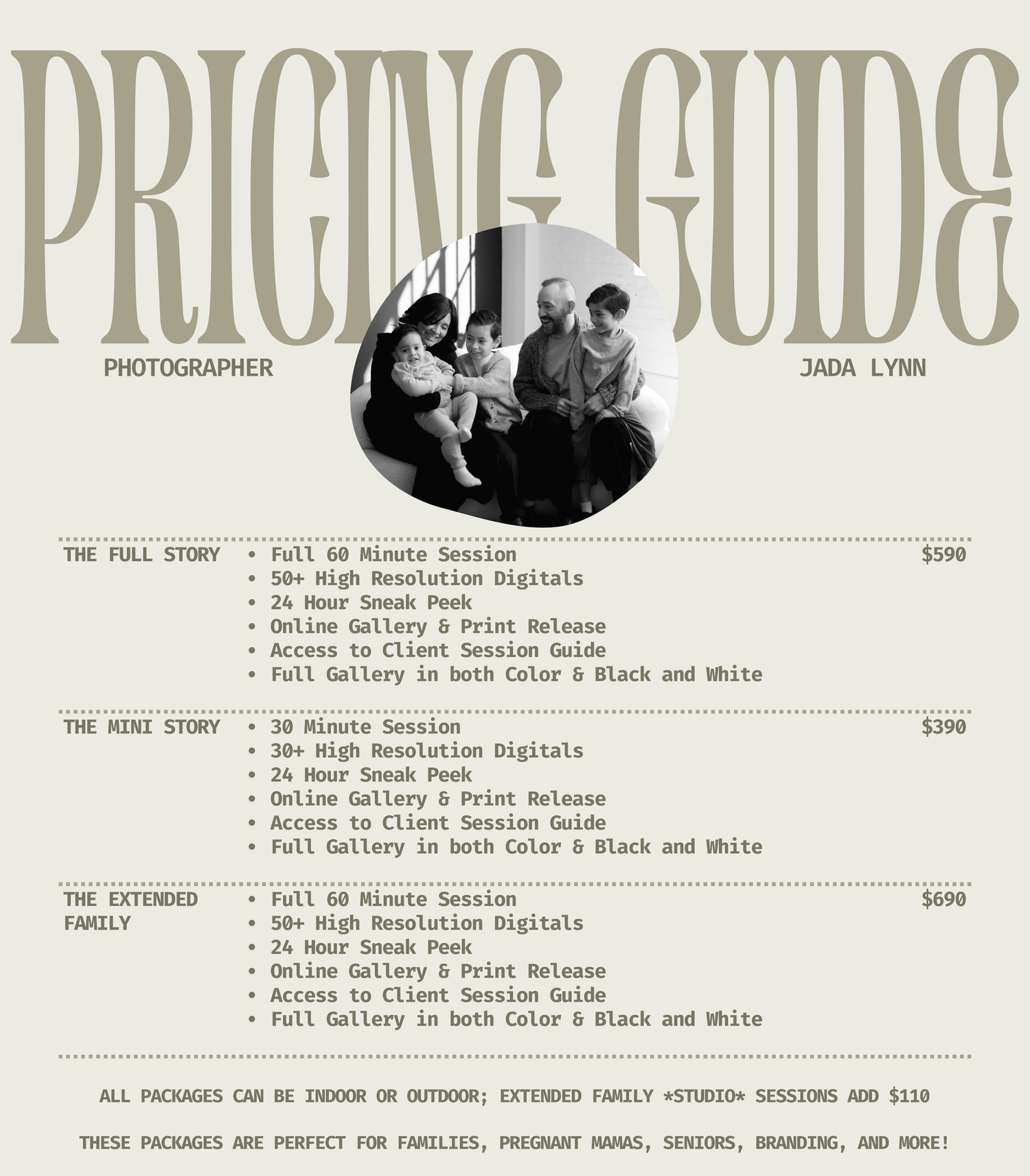 A photography pricing menu board displays various photo package options and costs in black and white text.