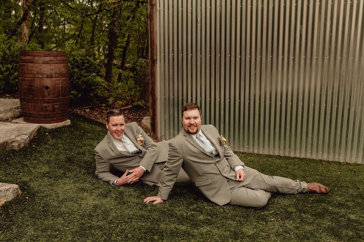 A series of six candid photos showing someone playfully rolling and posing on a backyard lawn.