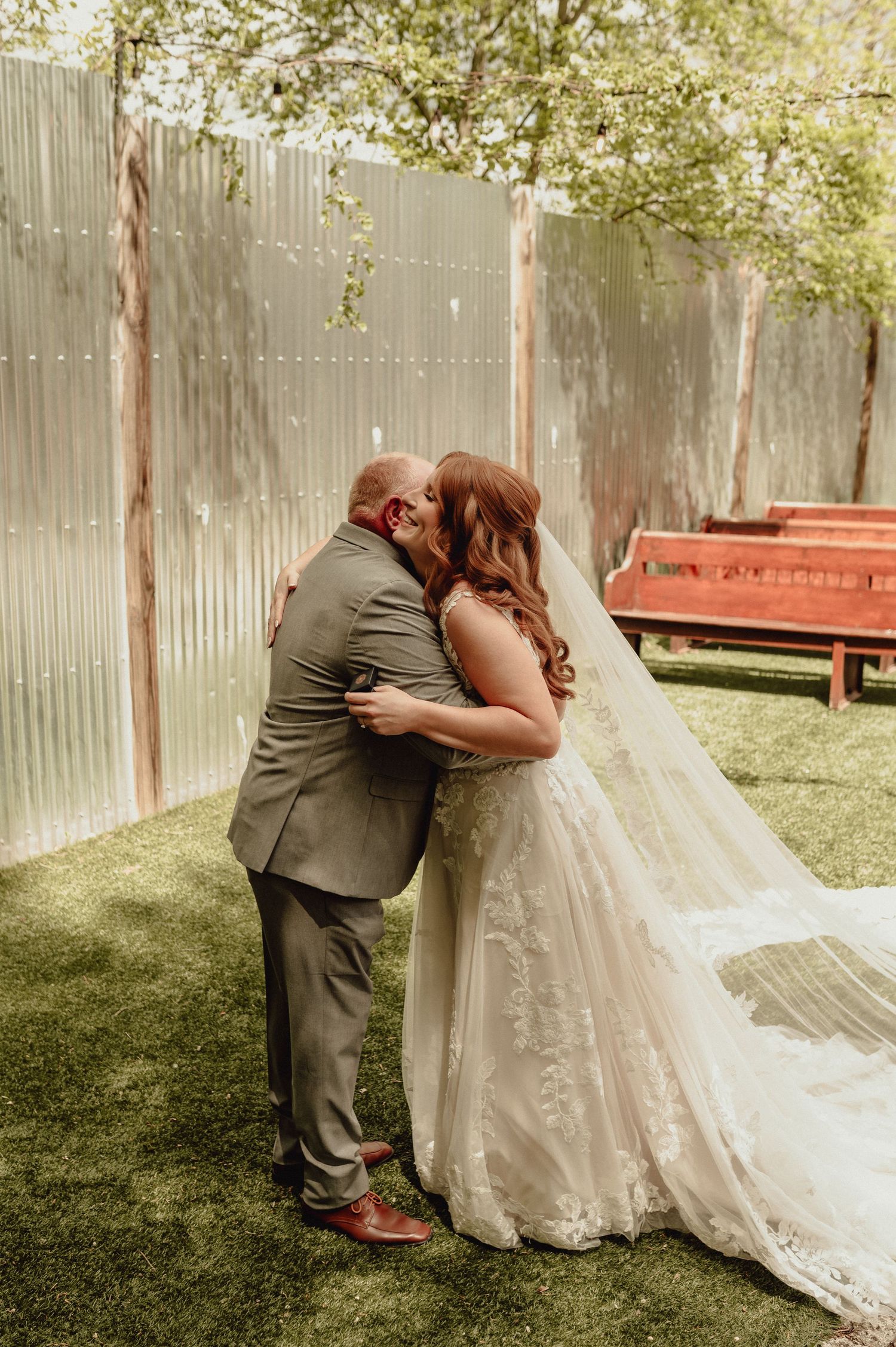 A romantic wedding photo sequence shows a couple in formal attire sharing tender moments on a grassy lawn.