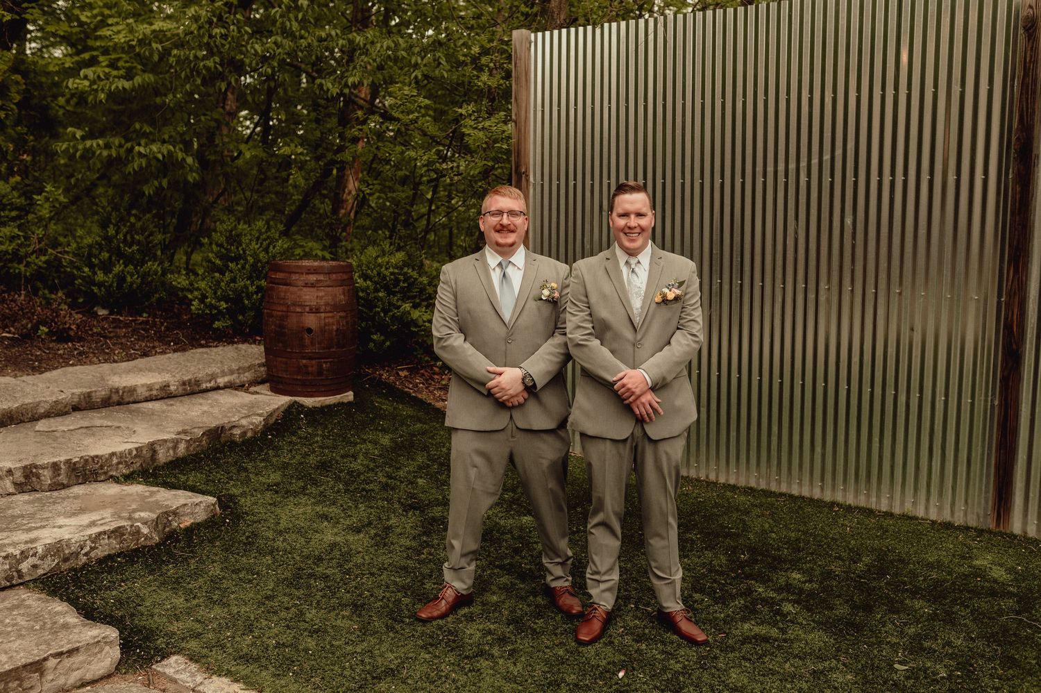 A series of coordinated wedding party photos showing groomsmen in light gray suits posing in an outdoor garden setting.