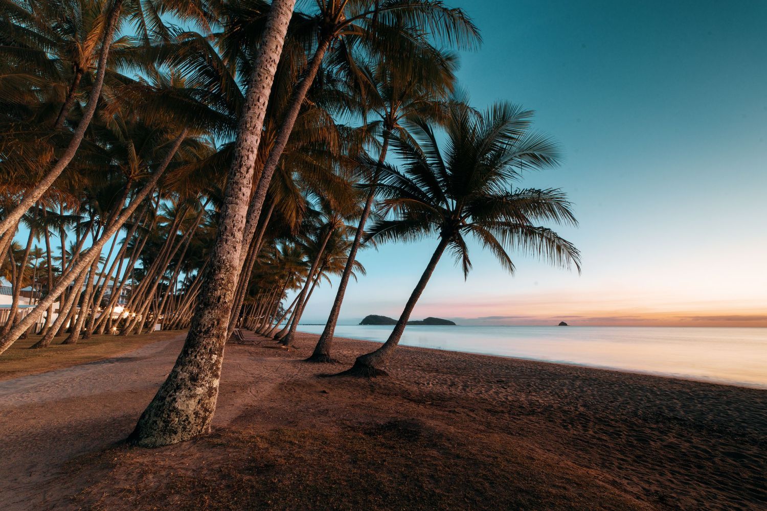 A scenic beach landscape with palm trees and silhouettes against a gradient turquoise sunset sky.