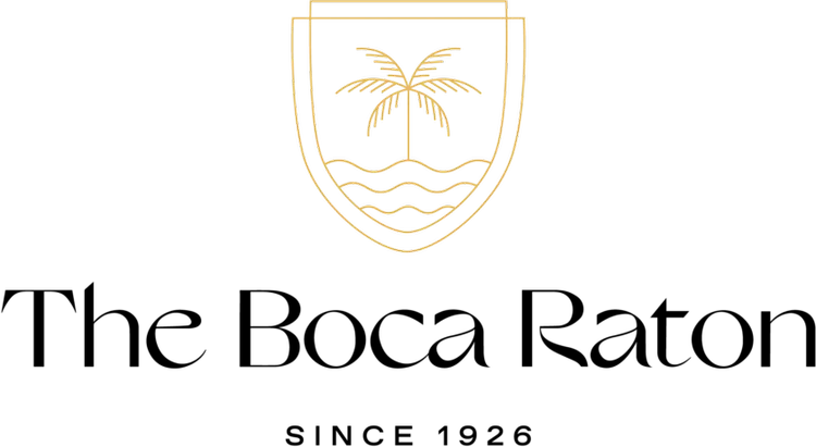 Luxurious Boca Raton resort branding with palm tree and wave motifs in gold.