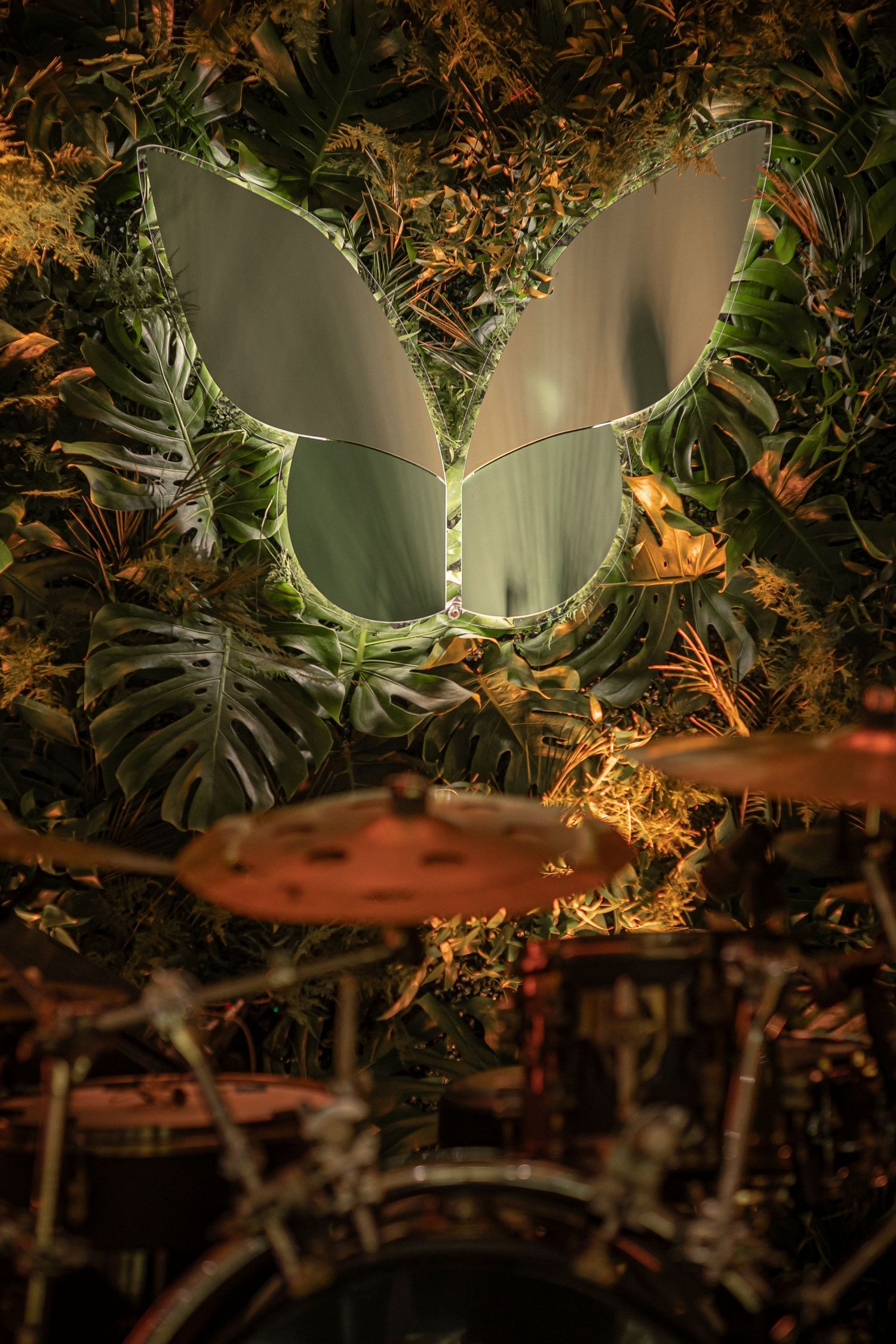 Butterfly-shaped mirror reflects through lush tropical foliage with dramatic mood lighting in a garden setting.