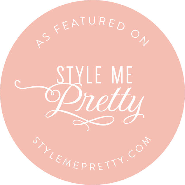 Collection of pink oval badges showing featured wedding blog and style website logos.
