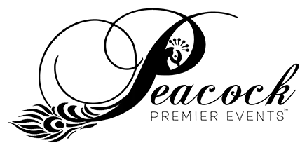 Elegant black peacock and event planning logo designs in minimal style.