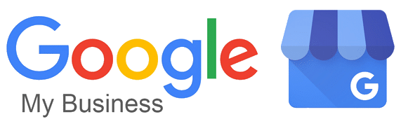 Collection of Google and Google My Business logos arranged horizontally with blue and multicolored branding elements.