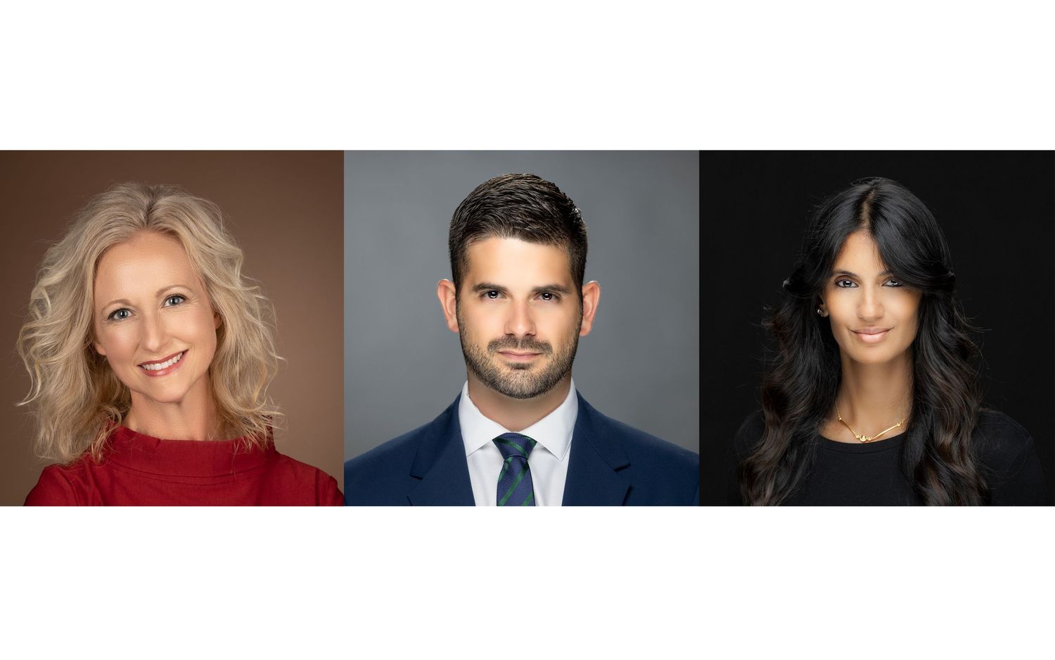 Several professional headshots arranged in a row showing people against various neutral backgrounds.