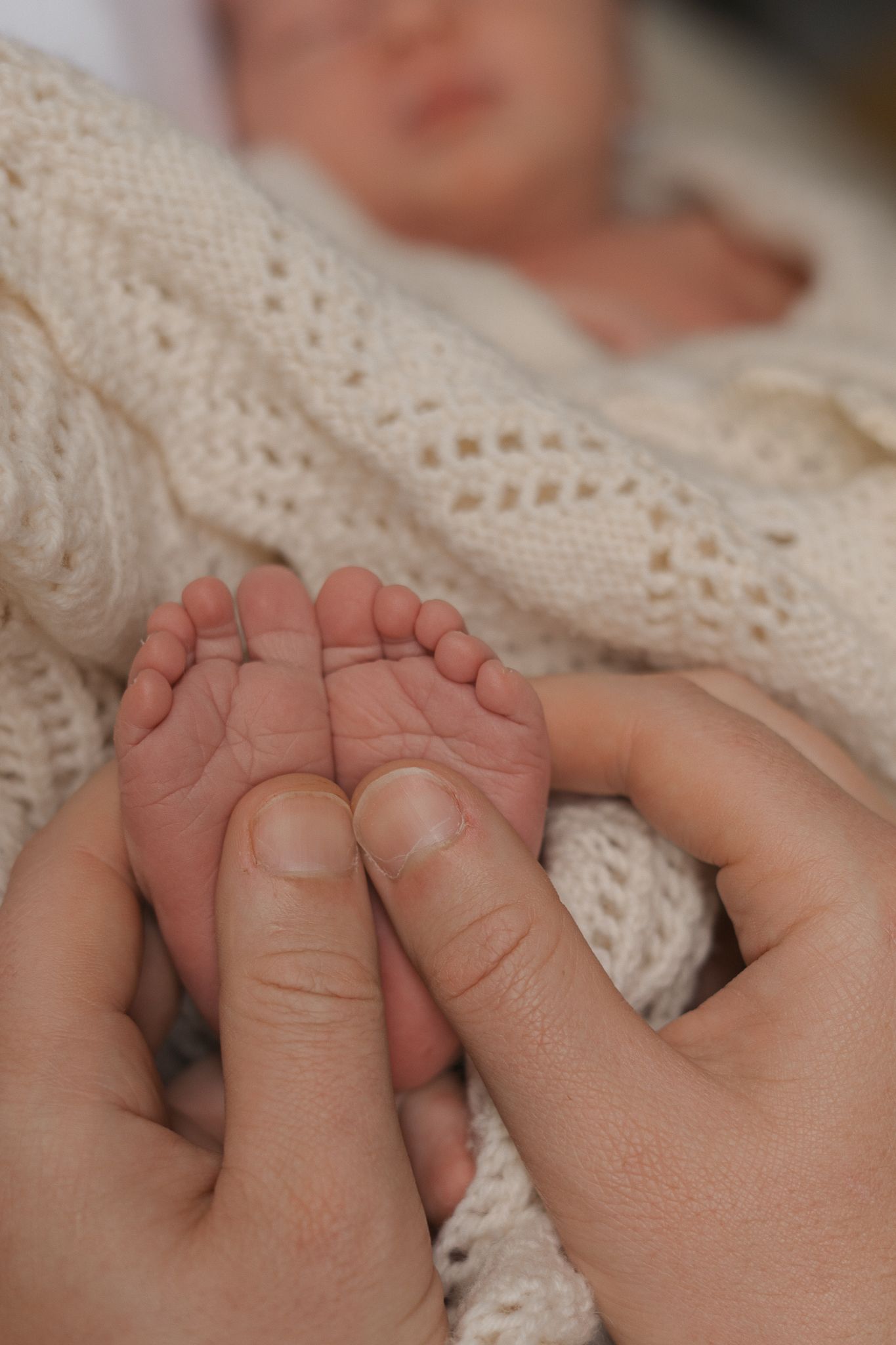 Adult hands gently massage tiny baby feet wrapped in a white knitted blanket.