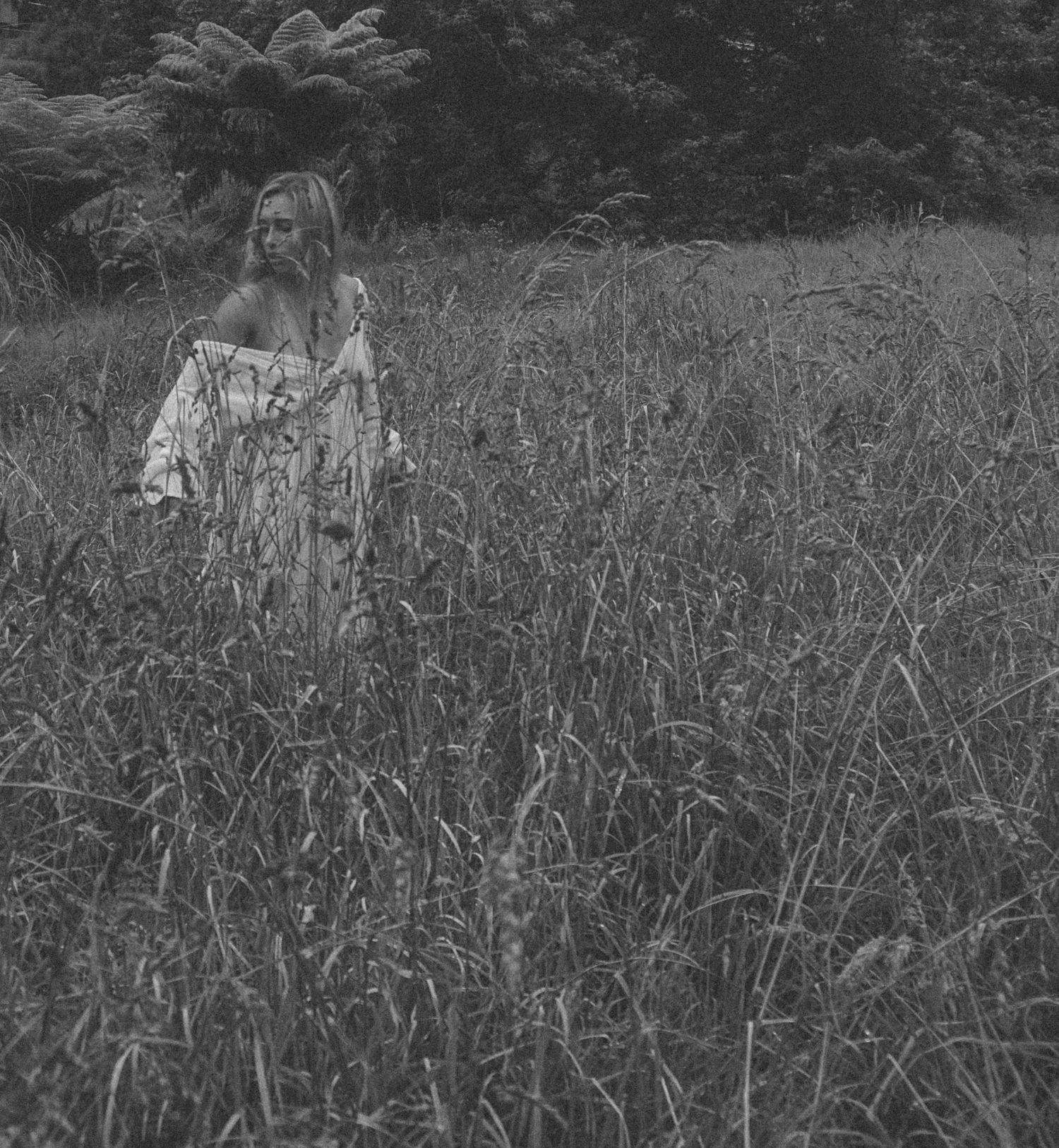 Moody black and white landscape photograph of tall grass in a field.