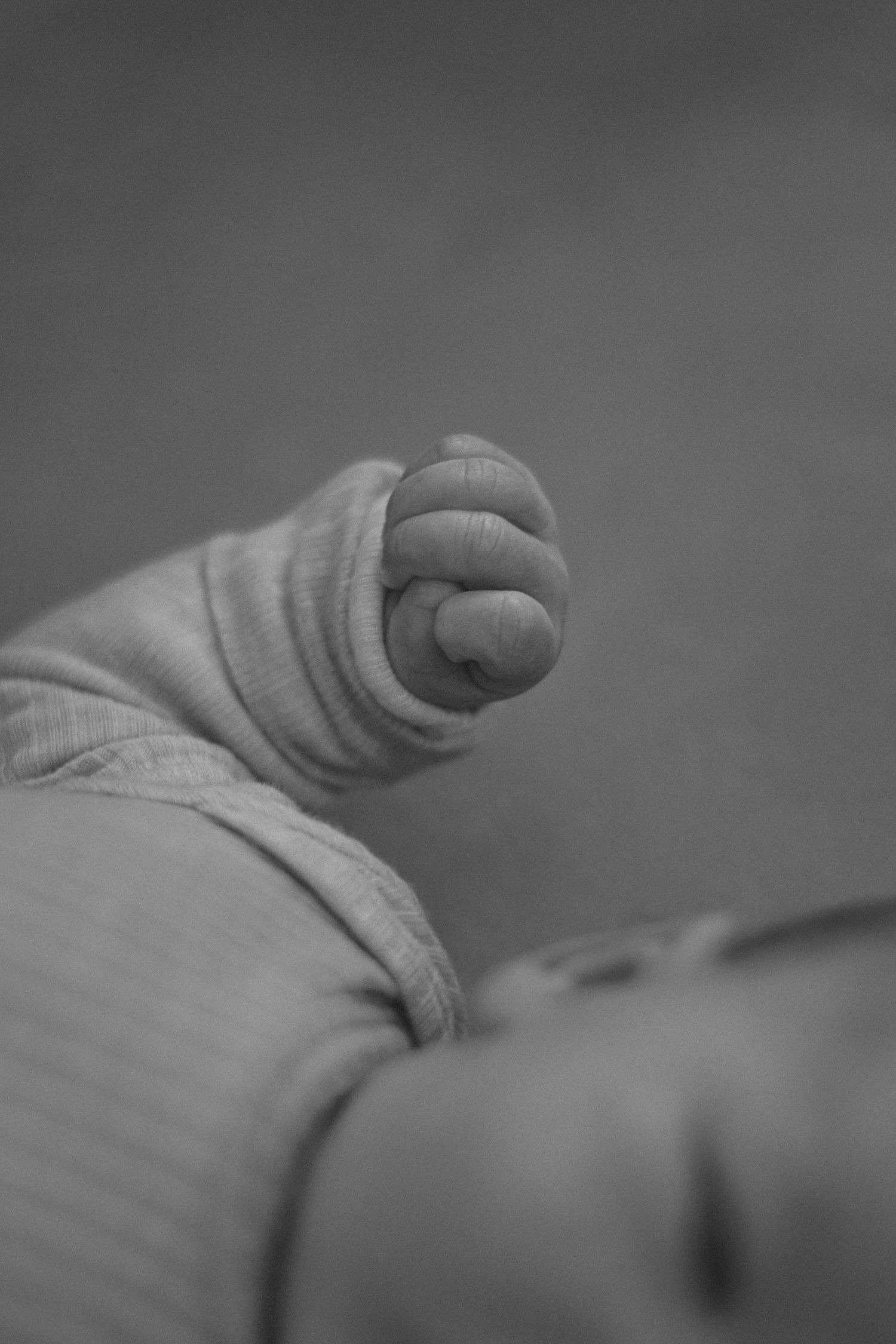 Black and white macro shot of baby's tiny hands.