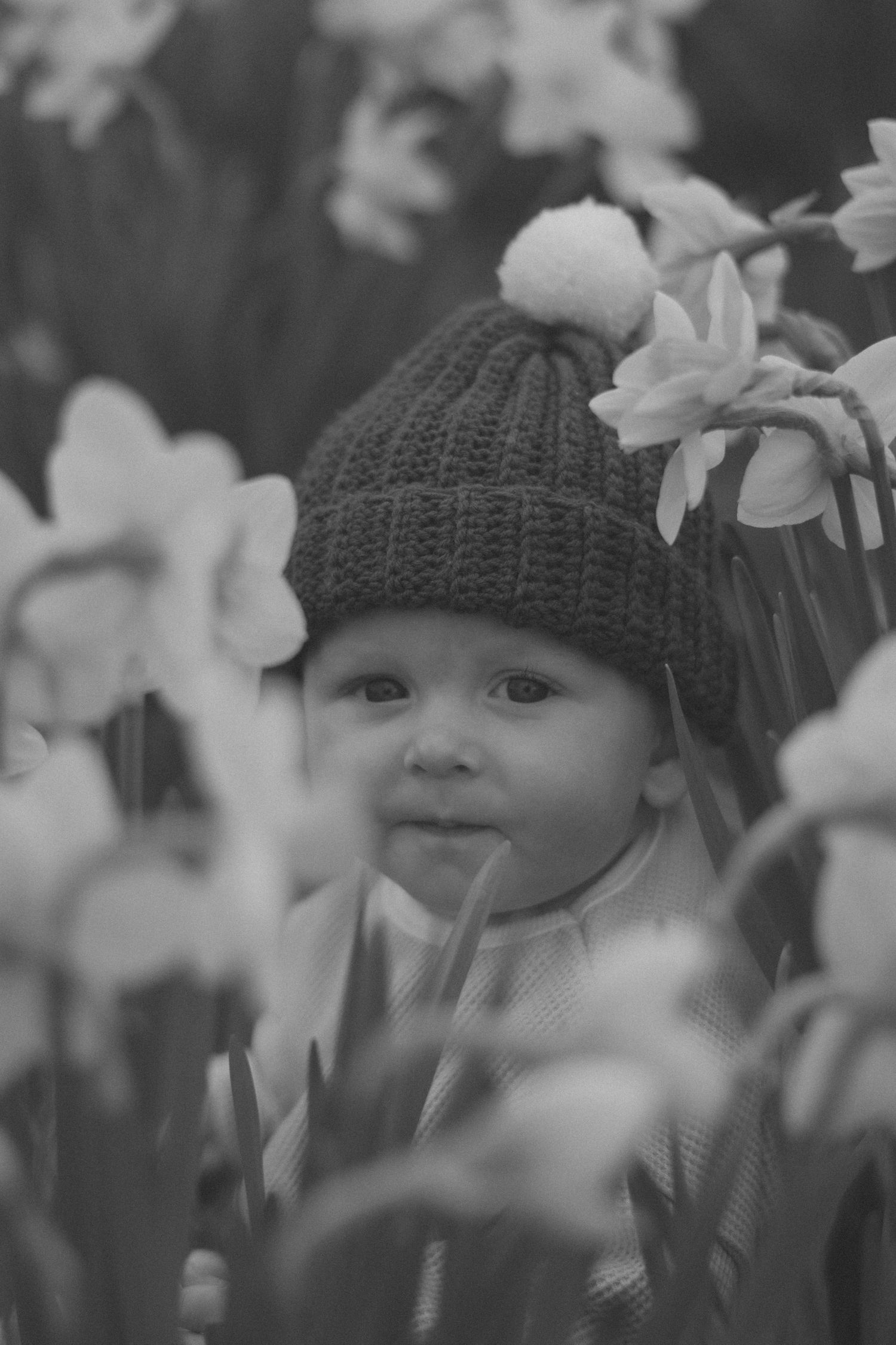 Black and white portrait of someone among blooming daffodils wearing a knit hat.