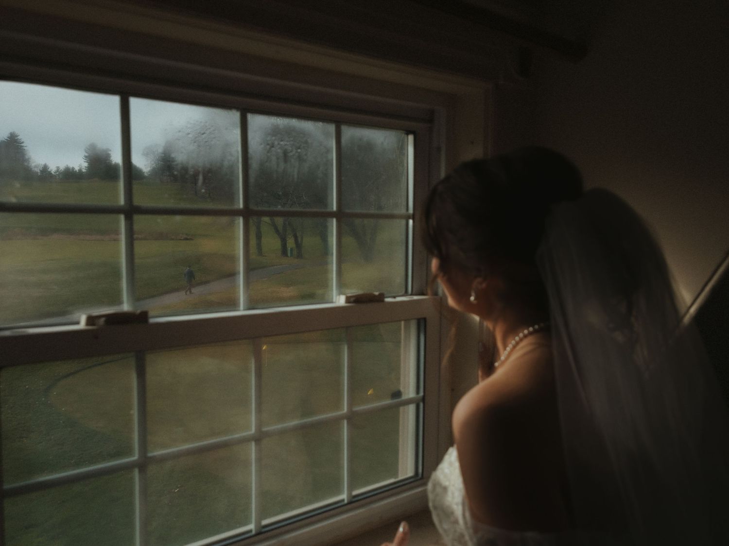 Person sitting by large windows in a dimly lit room looking out at a cloudy rural landscape.