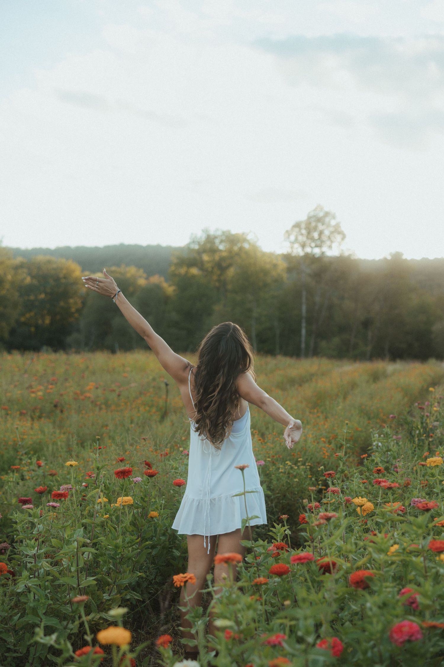 A person in a white dress spins joyfully through a vibrant field of red and orange zinnias at sunset.