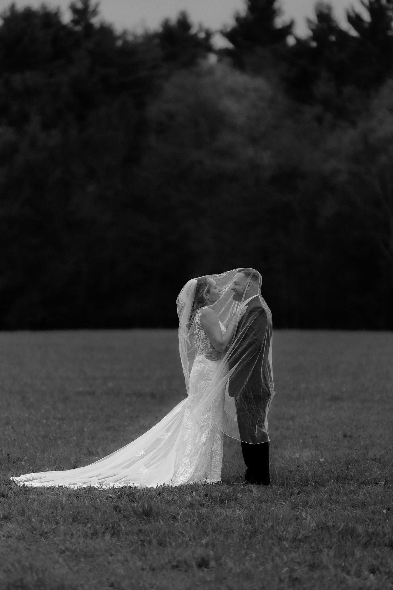 A dramatic black and white wedding photo sequence showing a bride and groom lying in a grassy field.