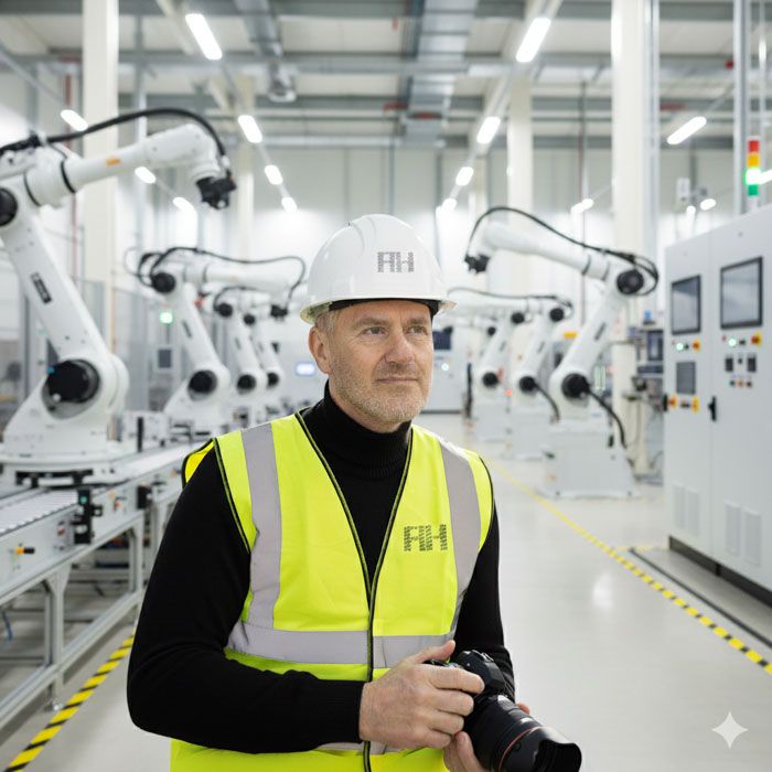 AHP Photo lead photographer on-site wearing full PPE and technical camera equipment for industrial photography.