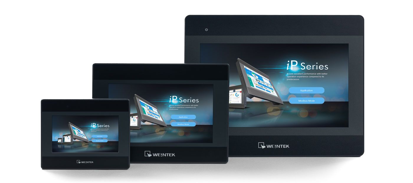 Three black screens of different sizes displaying identical blue interface layouts arranged in descending size order.