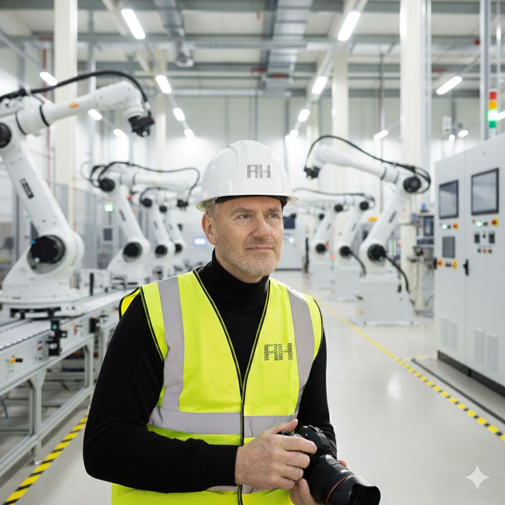 Industrial photographer in London - Alan Harbord - Portrait in hi vis vest and hard hat